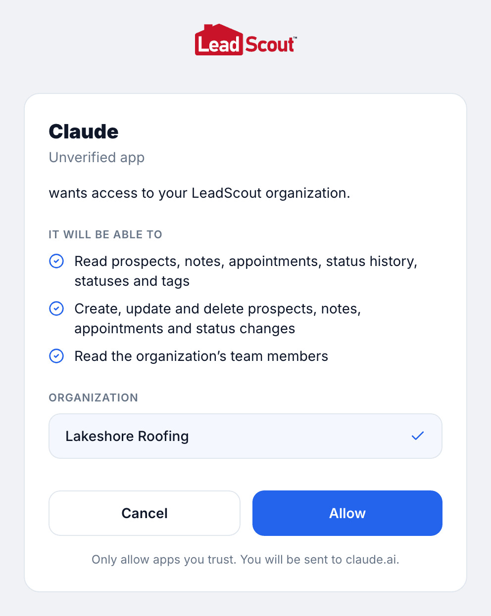 The LeadScout approval screen: Claude, an unverified app, wants access to the Lakeshore Roofing organization