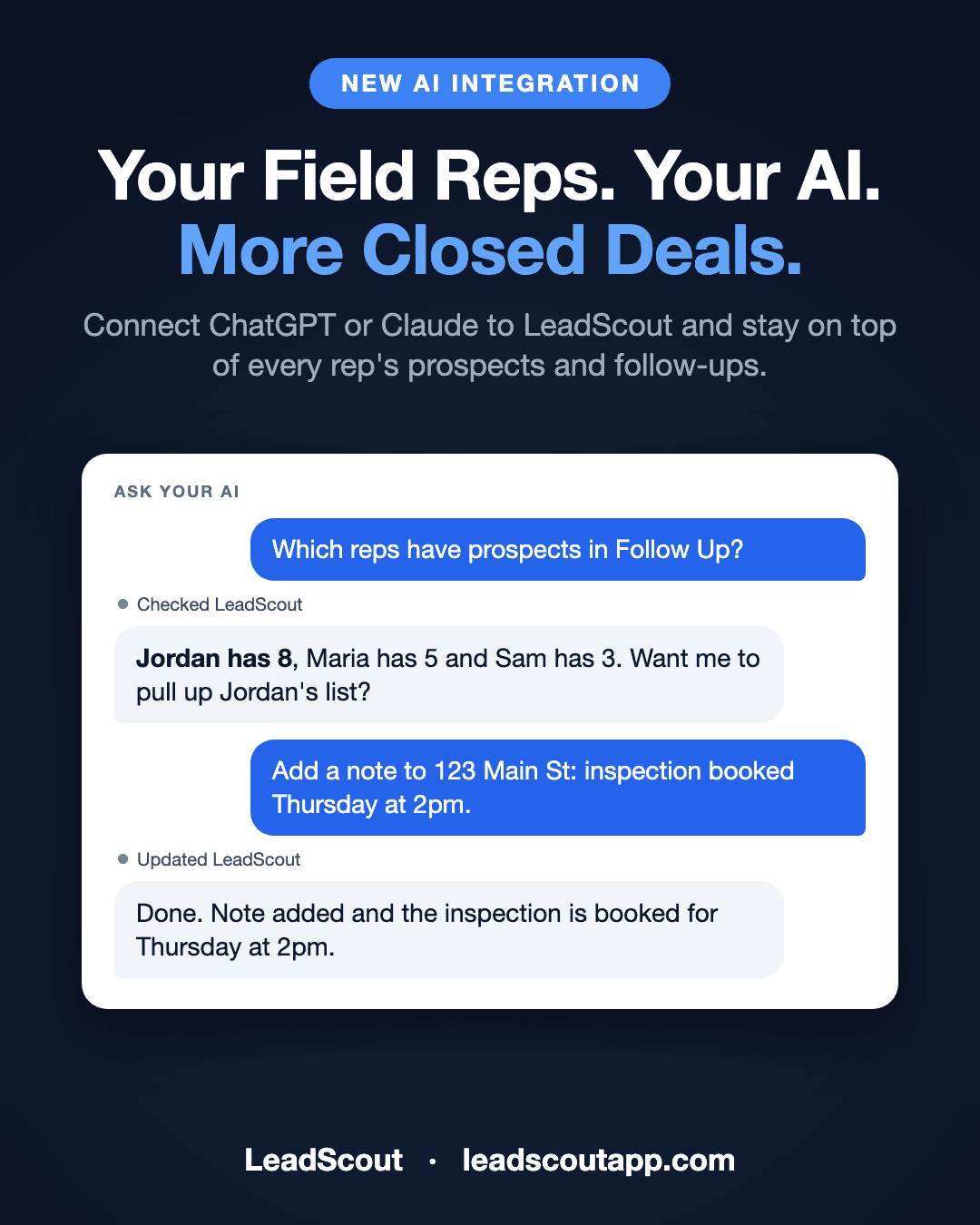 Your Field Reps. Your AI. More Closed Deals. A chat where a manager asks which reps have prospects in Follow Up, then adds a note and books an inspection at 123 Main St